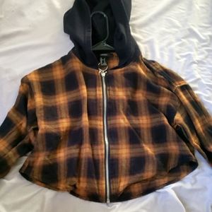 Crop top long sleeve zip up flannel hoodie
